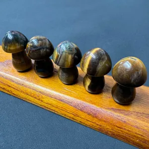 Natural stone crystal mushroom figurines, polished carving decor details for home garden.