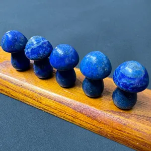Natural lapis lazuli crystal mushroom figurines, polished stone carvings for DIY decor.