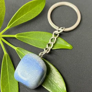 Blue crystal gemstone keychain with stainless steel ring for keys and bags accessory.