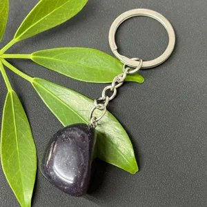 Natural gemstone crystal tumble stone keychain stainless steel keyring bag charm detail view