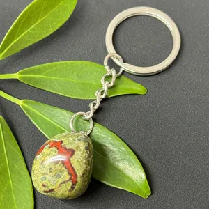 Natural crystal tumbled stone stainless steel keychain handmade DIY polished gemstone charm pendant.