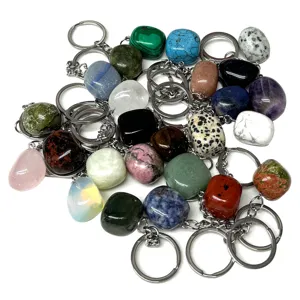 Natural crystal tumbled stone keychain stainless steel DIY polished gemstone keyring bulk pack