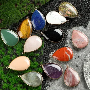 Natural crystal teardrop pendant gold plated edge gemstone necklace jewelry accessories DIY
