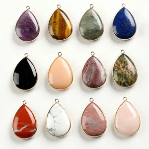 Natural gemstone teardrop pendants with gold plated edge variety crystal jewelry making accessories