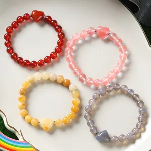 Natural crystal gemstone heart beaded bracelet set fashion round stone couple bracelets
