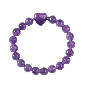 Natural amethyst crystal beaded bracelet with heart charm fashion jewelry gift for women