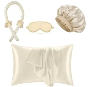 Beige satin hitzefreie lockenstab schlafmütze schlafmaske kissenbezug set details