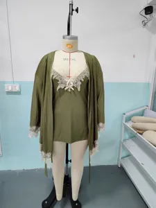 Women's sexy lace sleeprobe and slip two-piece set, olive green loungewear with delicate lace trim.