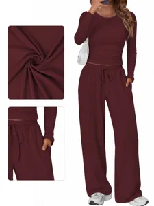 Women long sleeve crewneck top wide leg pants casual two piece lounge set in wine red