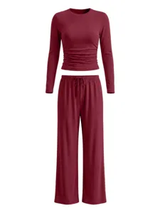 Burgundy long sleeve ruched top and wide leg pants set detail view, casual loungewear.