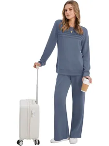 Blue casual long sleeve top and wide leg pants set detail view for women fashion wear.