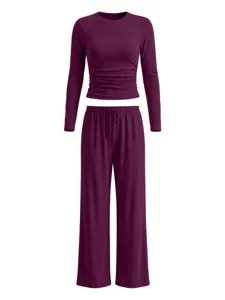 Details of the purple long sleeve loungewear set featuring soft fabric and comfortable fit.