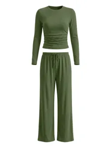 Solid color casual long sleeve top and wide leg pants lounge set for women autumn new