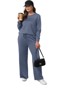 Casual long sleeve sweatshirt and pants two piece set for women featuring solid color.