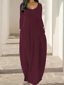 Robe longue unie à manches longues pour femmes, robe décontractée col rond avec poches pratiques.