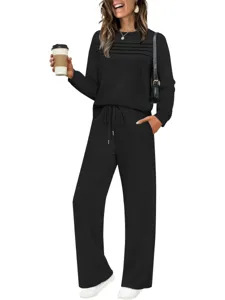 Casual long sleeve loungewear set for women, chic black two piece outfit with relaxed fit.