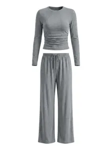 Gray long sleeve crop top and wide leg pants set detail view, comfortable lounge wear.