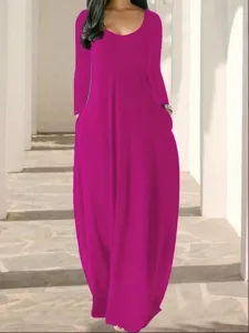 Robe longue unie à manches longues avec poches, élégant col rond bas pour les femmes.
