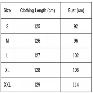 Size chart details showing measurements for women's dresses, including length and bust sizes.