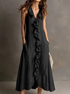 Black sleeveless V-neck cotton linen maxi dress with front ruffles and handy pockets.