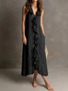 Sleeveless linen V-neck maxi dress with front ruffles, detailed view showing elegant texture.