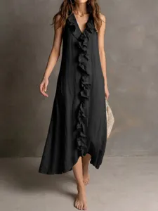 Chic black sleeveless v-neck ruffle midi dress detail, elegant cotton linen summer wear.