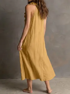 Yellow sleeveless cotton linen midi dress casual summer french style ruffle hem detail view
