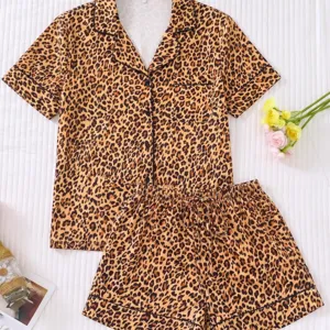 Women's Leopard Print Satin Pajama Top And Bottom Short Sleeve Button Down Shirt With Shorts Loungewear Sleepwear Pajamas