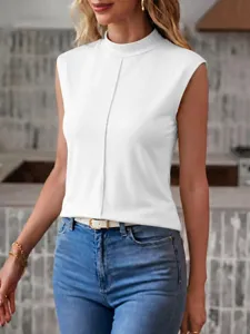 Women's solid white mock neck sleeveless top casual slim fit summer fashion apparel