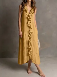 Sleeveless V-neck ruffle linen blend maxi dress, elegant solid color long summer dress for women
