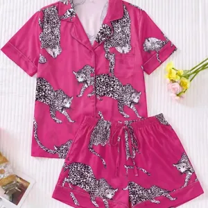 Pink leopard print women short sleeve pajama set loungewear two pieces cute sleepwear new