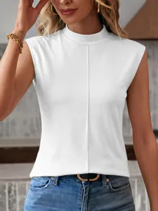 Women casual solid white mock neck sleeveless top slim fit summer basic vest apparel.