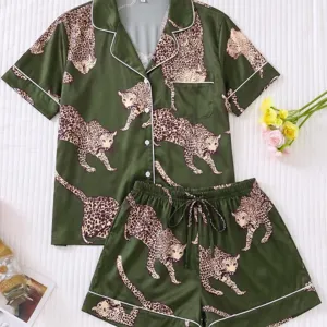 Green leopard print silk short sleeve pajama set for women, summer two-piece sleepwear home wear.