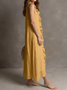 Sleeveless ruffle linen maxi dress side view detail showcasing elegant draping style