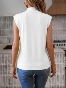 Women solid white mock neck sleeveless top slim fit casual summer fashion basic shirt
