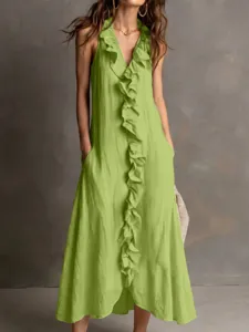 Elegant summer sleeveless V-neck ruffle maxi linen dress with pockets for women casual wear.