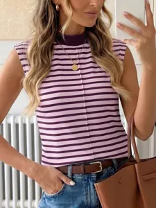 Summer striped sleeveless mock neck vest for women, featuring slim fit and stylish design.
