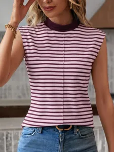 Sleek mock neck striped sleeveless top detail featuring a slim fit silhouette and chic purple-pink design.