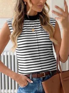 Women summer casual black and white striped sleeveless mock neck slim fit fashion basic top