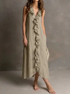 Summer sleeveless V-neck ruffled linen long dress, casual elegant solid color beach maxi dress.