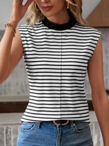 Chic black and white striped sleeveless mock neck tank top for women summer fashion style.