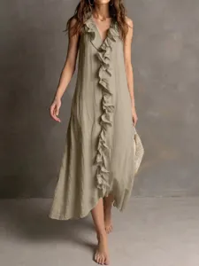 Women summer solid color sleeveless linen V neck ruffle swing dress casual French style