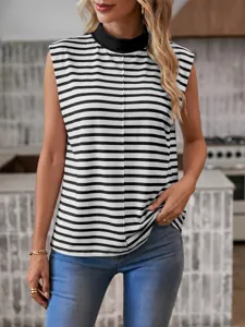 Detail view of the summer black and white striped sleeveless tank top, slim fit and elegant design.
