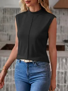 Women casual solid black mock neck sleeveless vest top for summer fashion daily wear.