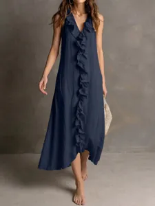 Navy blue sleeveless v-neck ruffle long dress for women, elegant summer cotton linen maxi.
