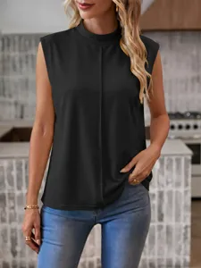 Women black sleeveless mock neck top casual slim fit summer basic tank top daily wear.