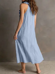 Light blue sleeveless cotton linen ruffle V-neck maxi dress for women spring summer.