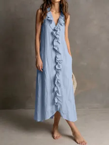 Detailed view of women casual sleeveless V-neck ruffle maxi dress in light blue linen style.