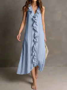 Detailed view of the elegant light blue sleeveless V-neck ruffle maxi dress in a chic setting.