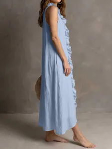 Light blue sleeveless cotton linen ruffled long dress for women summer casual wear.